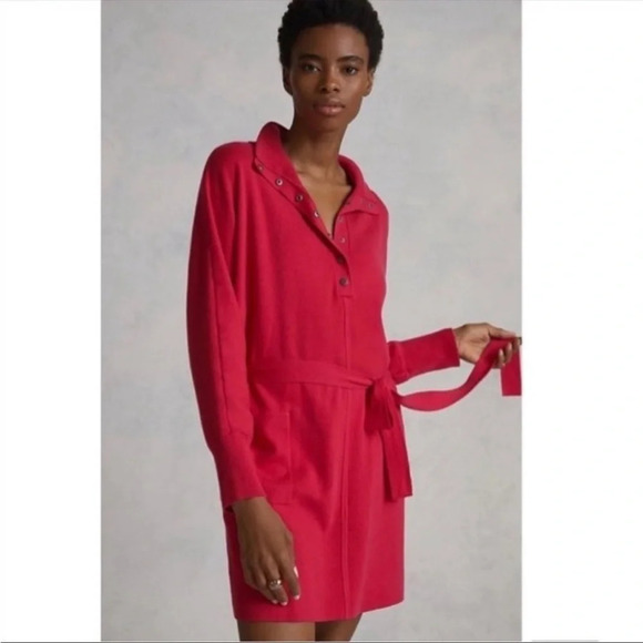 ANTHROPOLOGIE Daily Practice  Polo Knit Sweater Mini Pink Belted Dress Sz M - Picture 1 of 14